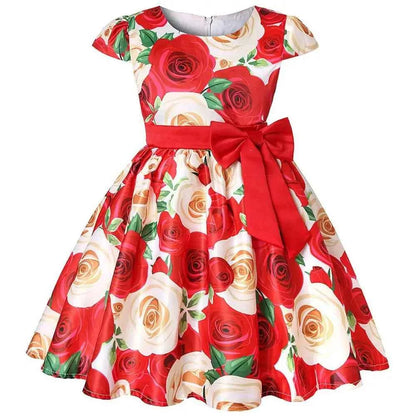Summer Girls Rose Print Dress Princess Wedding Birthday Party Frocks Satin Children Vestidos Dresses For Girl Christmas Clothing