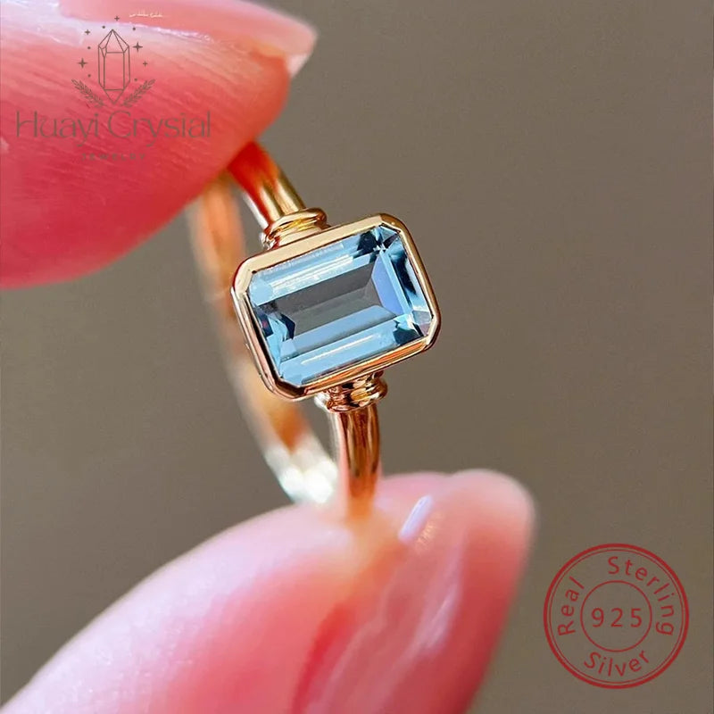 Refined S925 Sterling Silver Gold Plated Casual Aquamarine Ring For Women Rectangular Material Easiest For Match