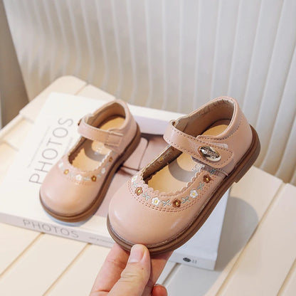Toddler Girl's Mary Janes Flower Embroider Shallow Sweet Children Leather Shoes Three Colors Hook-loop Comfy Kids Shoe 21-30 - AMULET RING STORE
