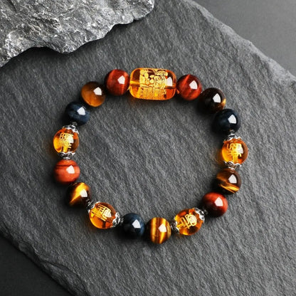 Natural Tiger's Eye Stone Three-sided God of Wealth Bracelet Auspicious Lucky Lucky Safe Men's and Women's Hand String Couple's