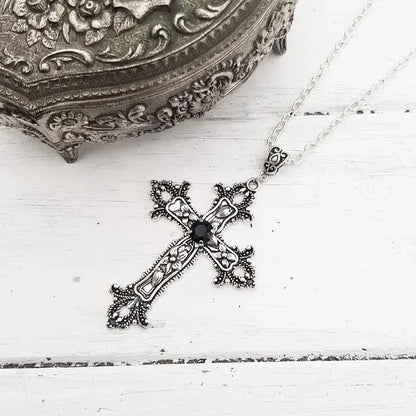 Large Detailed Cross Black Drill Jewel Necklace Silver Color Tone Pendant Goth Punk Jewellery Fashion Charm Statement Women Gift - AMULET RING STORE