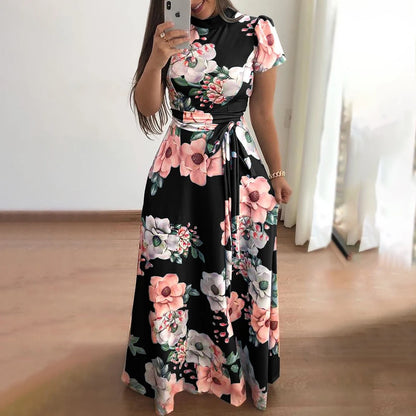 Women's Floral Print Summer Dress - 2025 New Boho A-Line Swing Dress with Short Sleeves, High Waist Flowy Maxi Dress for Beach & - AMULET RING STORE