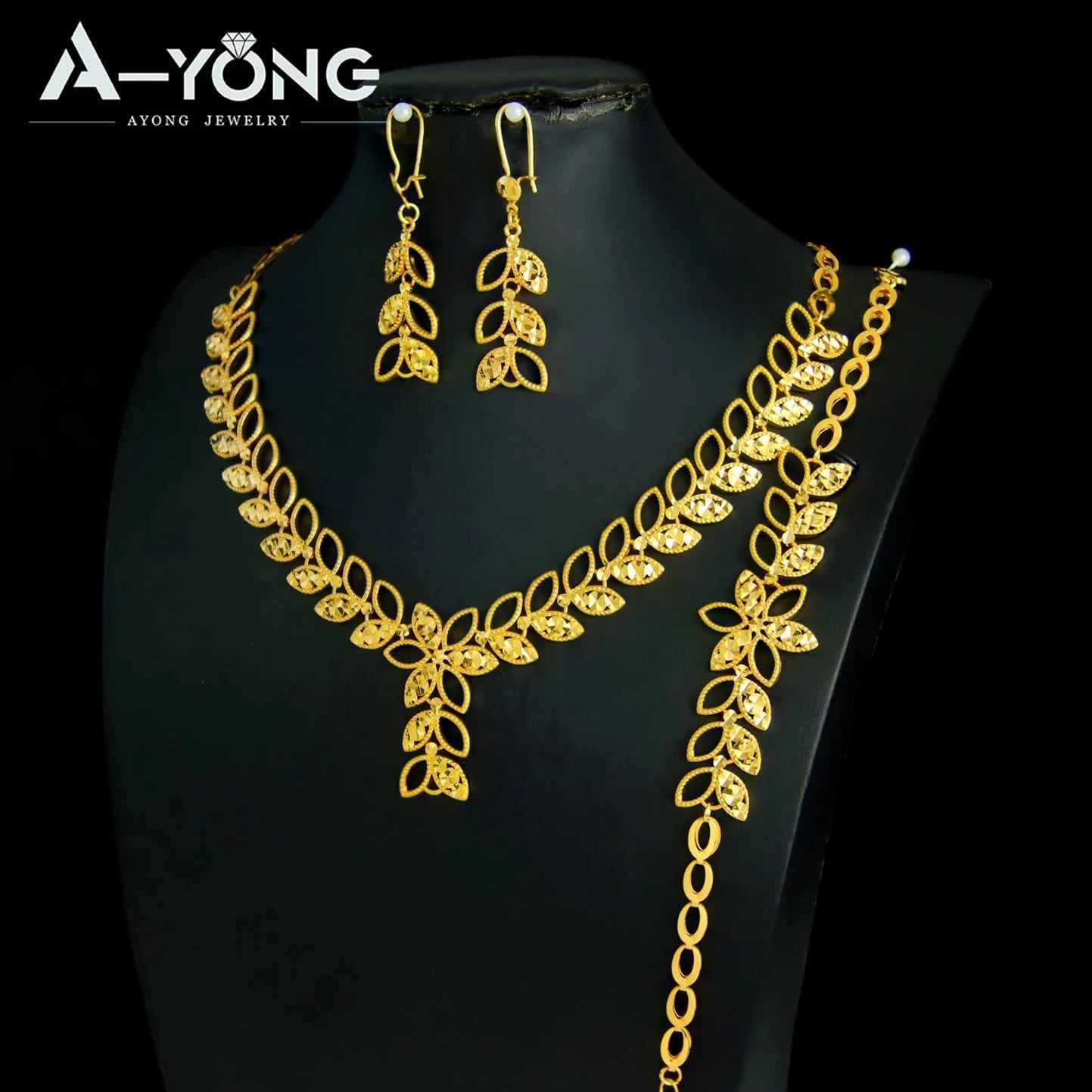 Luxury Dubai Wedding Jewelry Set 21k Gold Plated Arab Bridal Gold Necklace Bracelet Earrings Brazilian Women Vintage Jewelrys