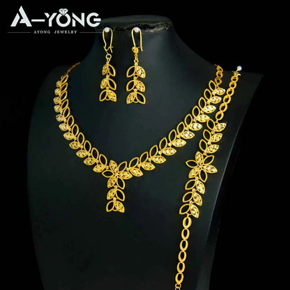 Luxury Dubai Wedding Jewelry Set 21k Gold Plated Arab Bridal Gold Necklace Bracelet Earrings Brazilian Women Vintage Jewelrys