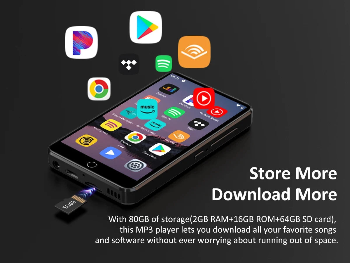 80GB (16GB+64GB) MP3 Player Android 9.0 with Bluetooth and WiFi, 4.0-inch with speakers, FM radio, eBooks, capacity up to 512GB