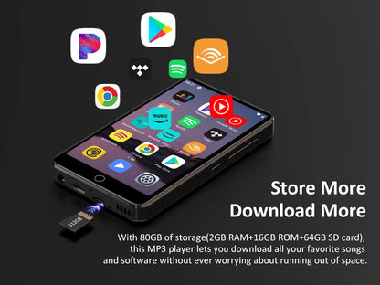 80GB (16GB+64GB) MP3 Player Android 9.0 with Bluetooth and WiFi, 4.0-inch with speakers, FM radio, eBooks, capacity up to 512GB