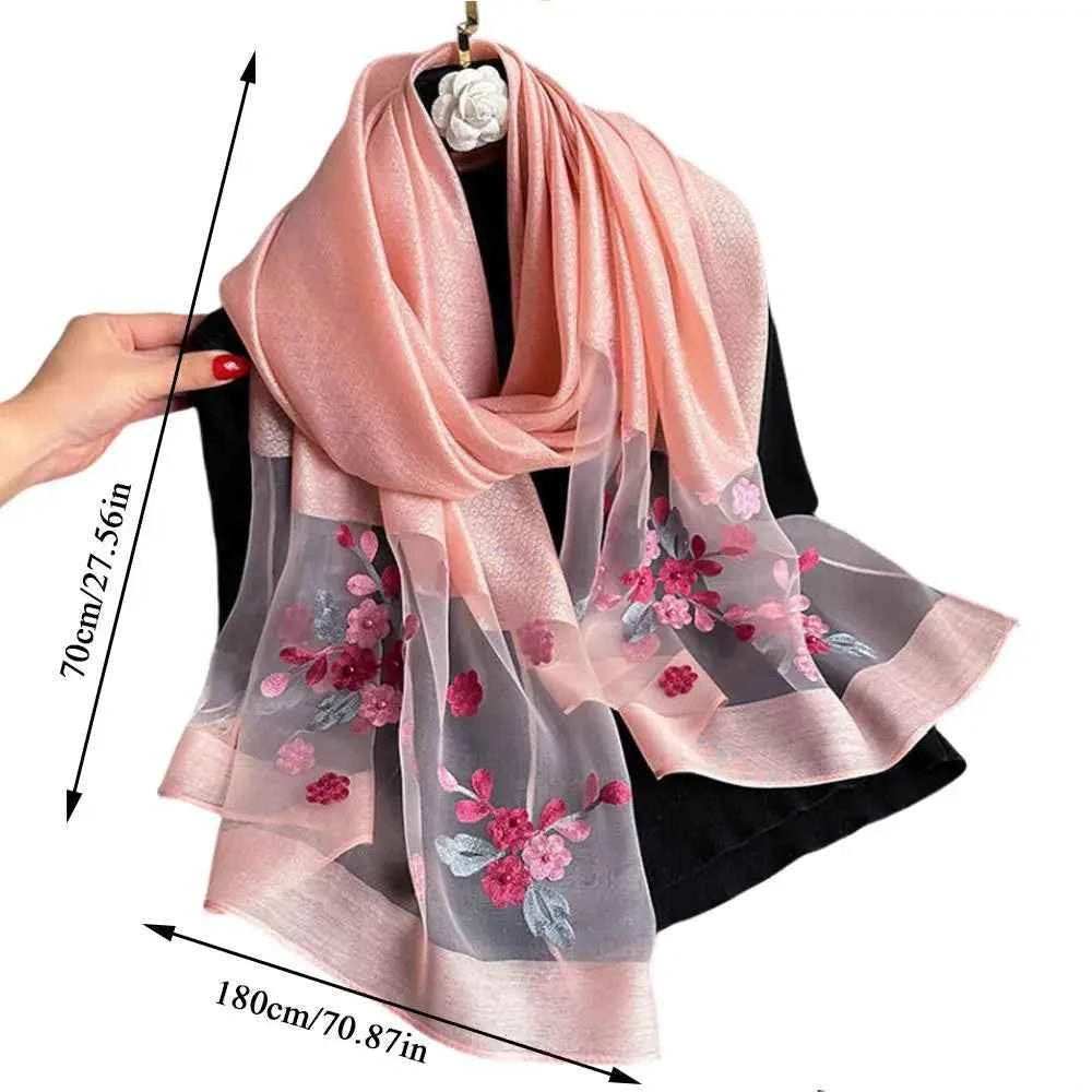 180*70cm Embroidery Floral Chiffon Scarf Elegant Thin Breathable Shawl Women Sunscreen Neck Scarf Travel Beach Shawl Scarf