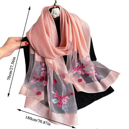180*70cm Embroidery Floral Chiffon Scarf Elegant Thin Breathable Shawl Women Sunscreen Neck Scarf Travel Beach Shawl Scarf