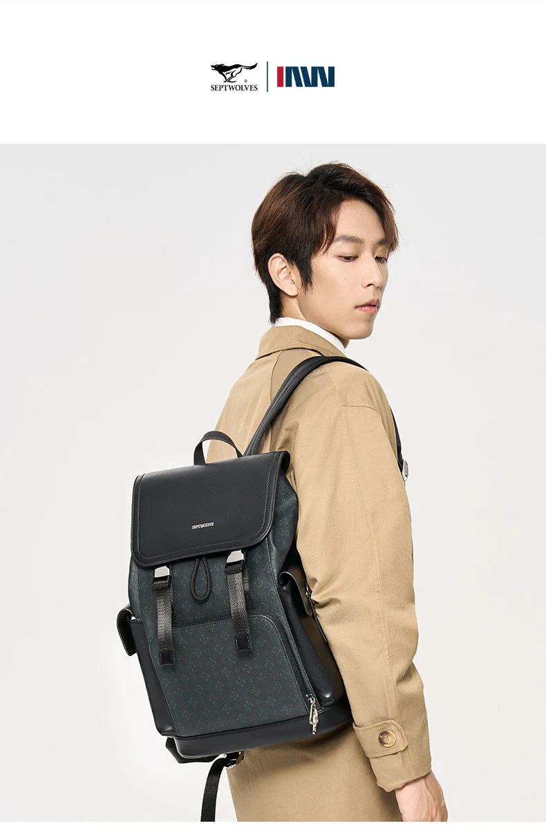 Septwolves Stylish Man Printed Leather Travel Backpack High Qualit Business Work Commuting Flip Print Monogram Laptop Backpack
