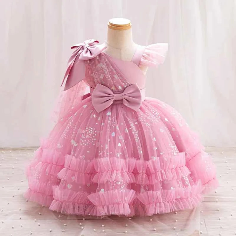 New Single Shoulder Bow Girl's Princess Dress Children's Day Performance Evening Dress Birthday Party Girl's Baby Dress