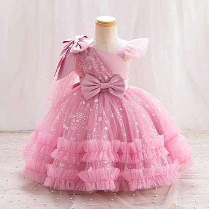 New Single Shoulder Bow Girl's Princess Dress Children's Day Performance Evening Dress Birthday Party Girl's Baby Dress