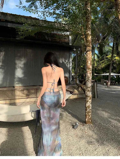 2025 Swimsuit Women's Sexy Bikini Four Piece Tie Dye Long Skirt Sexy European and American Slim Fit Hot Spring Vacation
