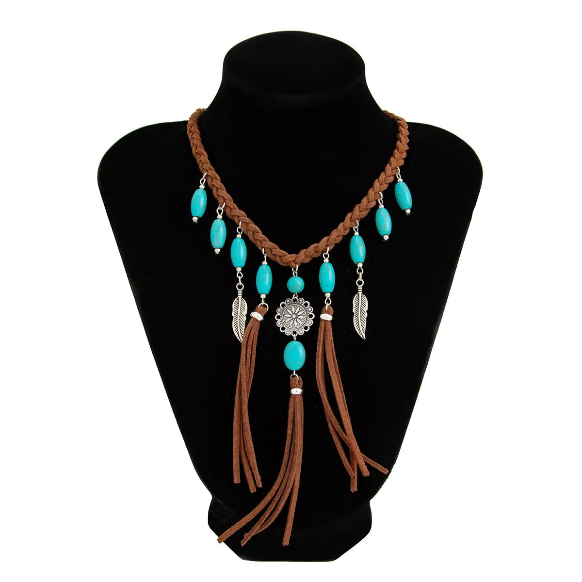 Ethnic Style Women Leaf Choker Woven Rope Leather Tassel Turquoise Stone Necklace Feather Pendant Retro Bohemian Necklace - AMULET RING STORE
