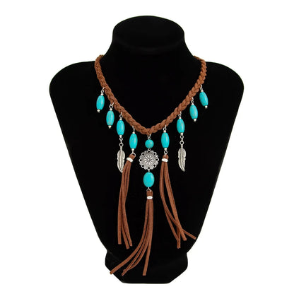 Ethnic Style Women Leaf Choker Woven Rope Leather Tassel Turquoise Stone Necklace Feather Pendant Retro Bohemian Necklace - AMULET RING STORE