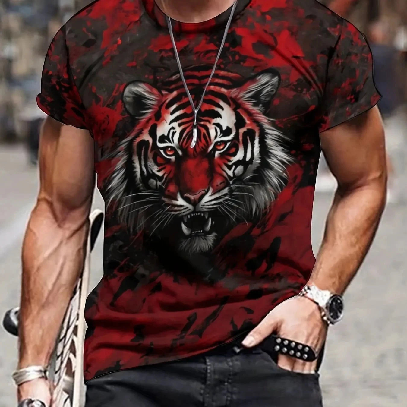 Summer men's 3D lion and tiger pattern T-shirt, casual micro elastic breathable T-shirt, suitable for outdoor jogging wear - AMULET RING STORE