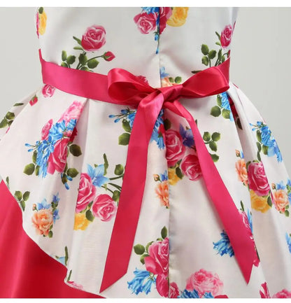 Summer Girls Rose Print Dress Princess Wedding Birthday Party Frocks Satin Children Vestidos Dresses For Girl Christmas Clothing