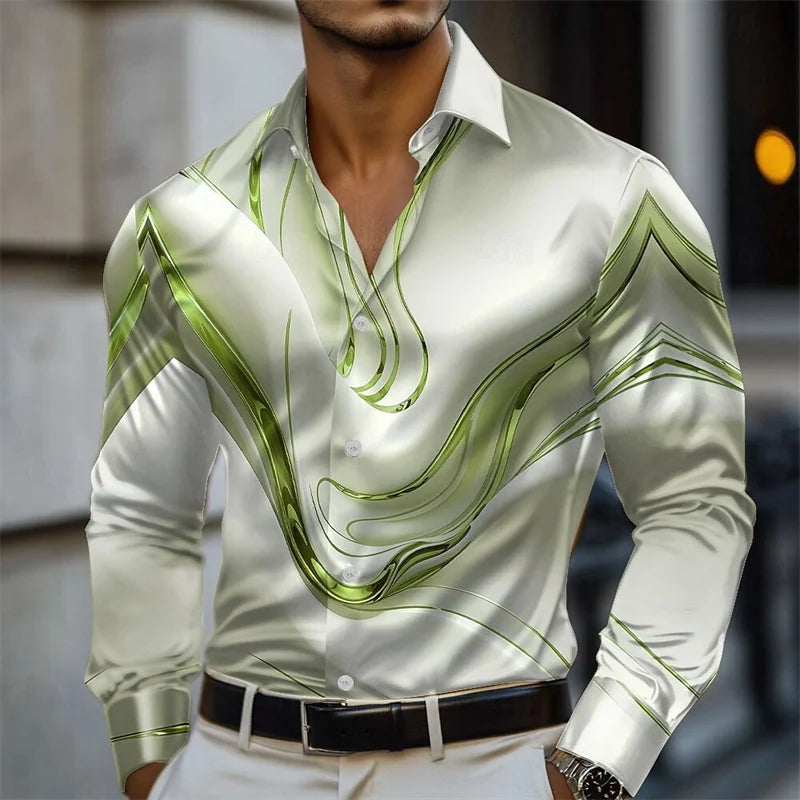 Men's Abstract Liquid Art Satin Shirt Fashion Casual Vacation Summer Spring Autumn Lapel Long Sleeve Shirt Pink Blue Gold Green