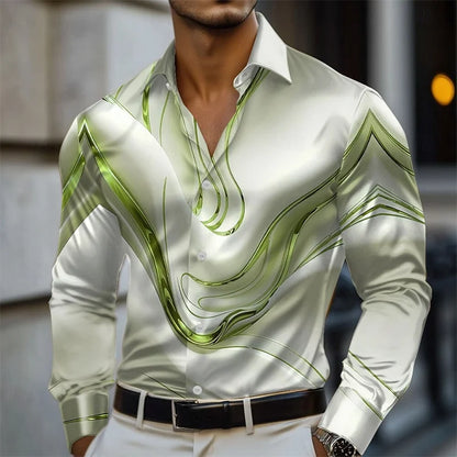 Men's Abstract Liquid Art Satin Shirt Fashion Casual Vacation Summer Spring Autumn Lapel Long Sleeve Shirt Pink Blue Gold Green