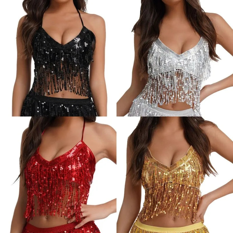 Women Belly Dance Tassel Crop Top Sequin Halter Top Bandage Tank Top Strappy Backless Tube Sleeveless Vest Hot Beach Shinny Top - AMULET RING STORE