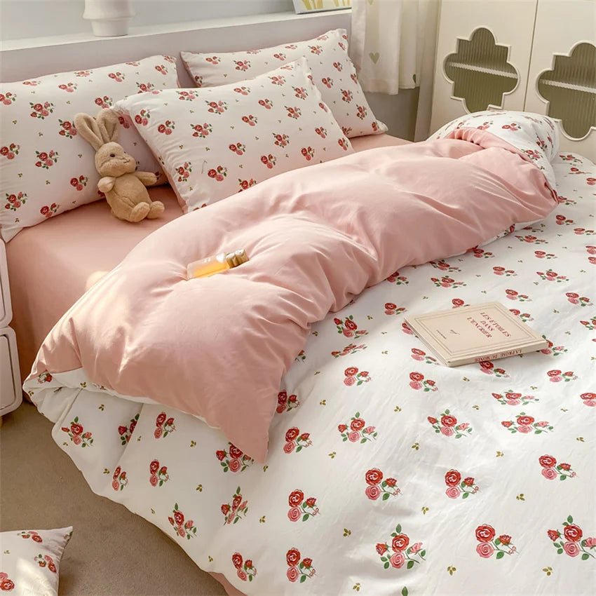 Korean Retro Floral Bedding Set 100% Washed Cotton Bed Sheets Set Soft Duvet Cover Bed Linen Pillowcase Single Double Queen King - AMULET RING STORE