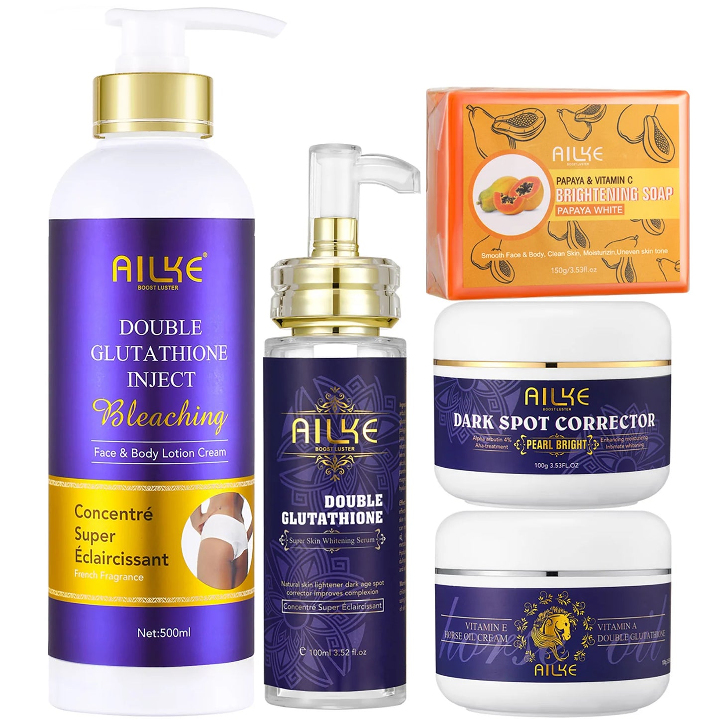 AILKE Glutathione 5-in-1 Women Skin Care Kit, With Body Lotion, Serum, Dark Spot Removal Cream, Body Cream, Brightening Soap - AMULET RING STORE