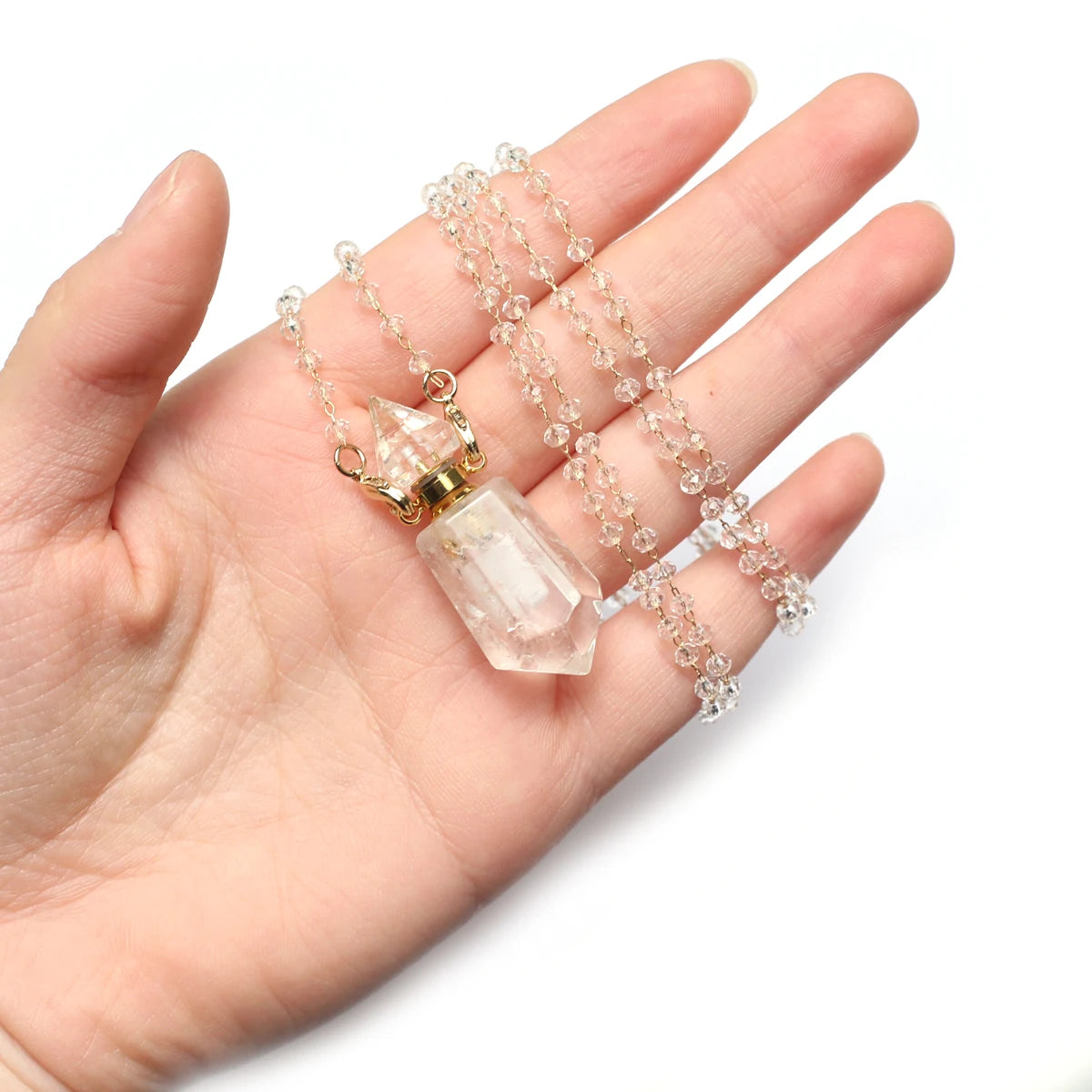 Natural Stone Rose Clear Quartz Perfume Bottle Pendant Pearl Gravel Chain Essential Oil Diffuser Charms Women Jewerly Necklace - AMULET RING STORE