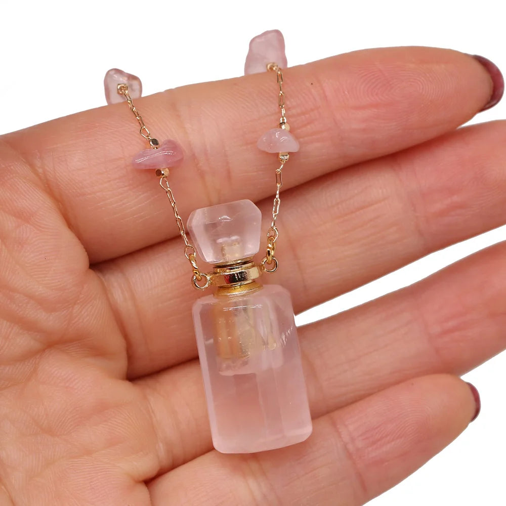 Natural Stone Rose Quartz Perfume Bottle Essential Oil Diffuser Reiki Healing Exquisite Necklace Jewelry Gift - AMULET RING STORE