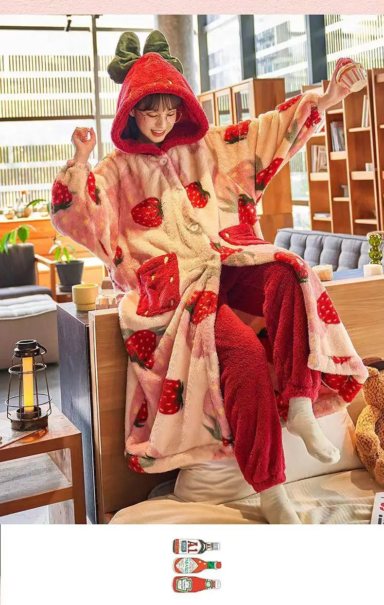 2024 Winter Pajamas For Women Cartoon Hooded Long Robe Strawberry Jacket Cute Home Wear Sleepwear Kawaii Flannel Warm Bathrobe - AMULET RING STORE