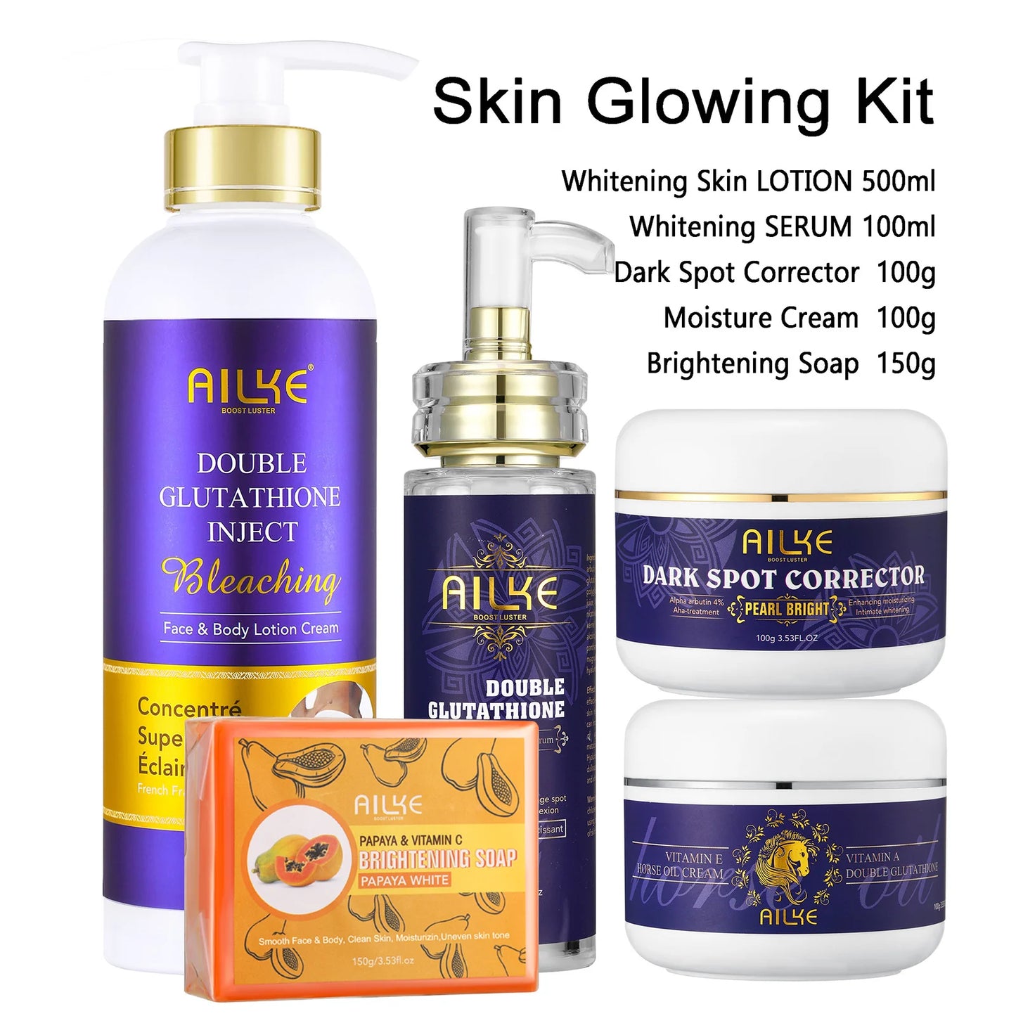 AILKE Glutathione 5-in-1 Women Skin Care Kit, With Body Lotion, Serum, Dark Spot Removal Cream, Body Cream, Brightening Soap - AMULET RING STORE