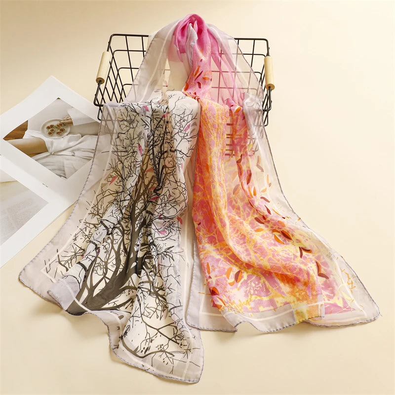 45*155cm Print Design Women Silk Scarf Shawl Elegant Headscarf Convinient Bandage Hijabs Chiffon Muslim Wrap Scarves - AMULET RING STORE