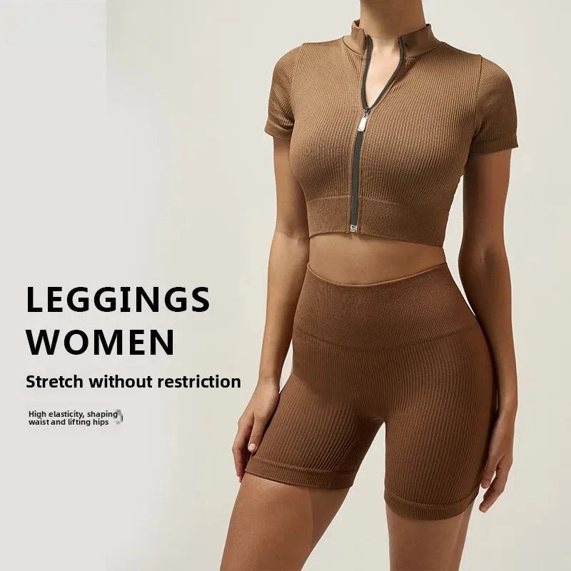 Fitn Yoga Clothes Set High Collar Zipper Bal ort Sve Long Sve orts Women's Sportswear Tee-quarter Length ...