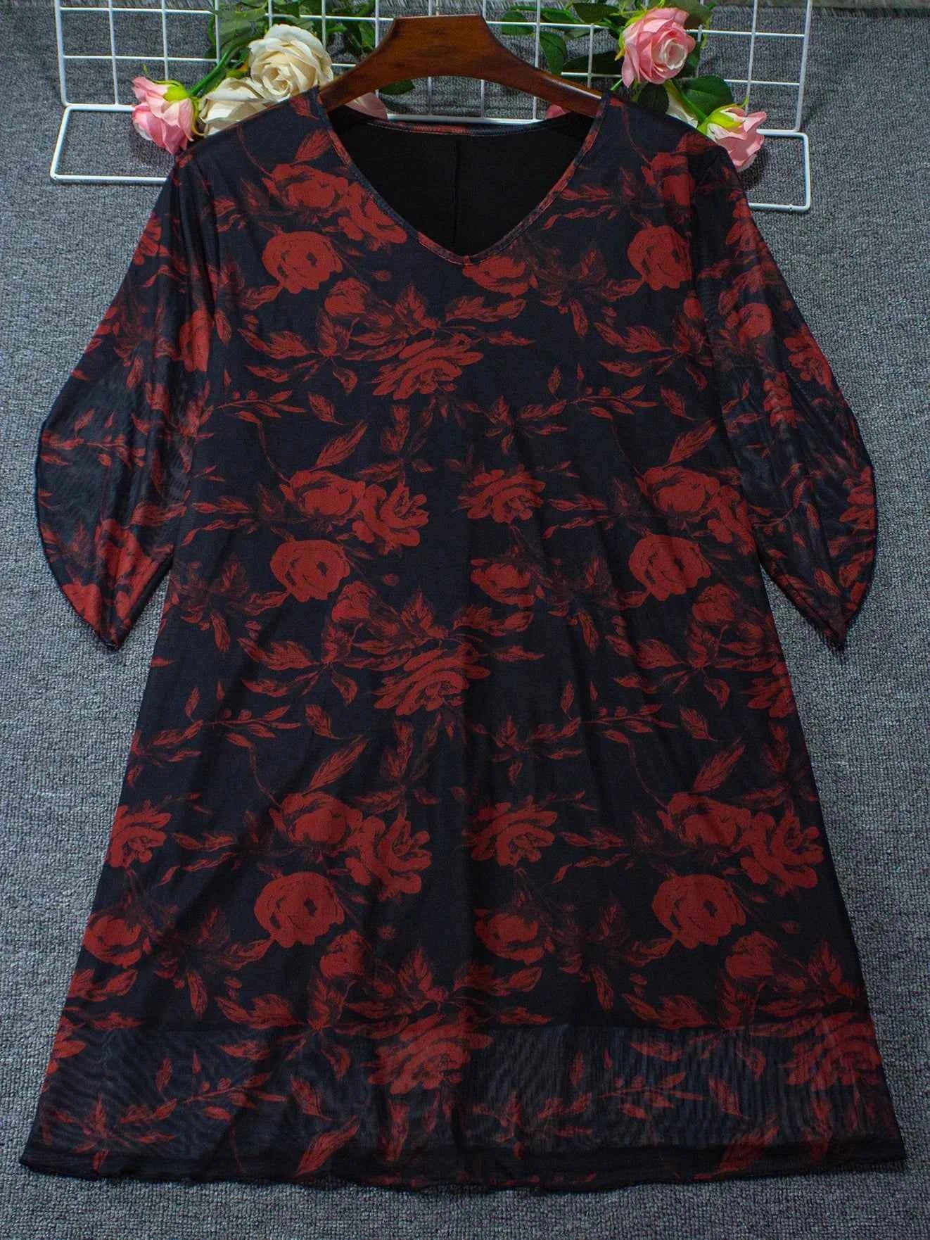 Boho Floral Print Maxi Dress - Layered Mesh V-Neck Plus Size Women's Dress