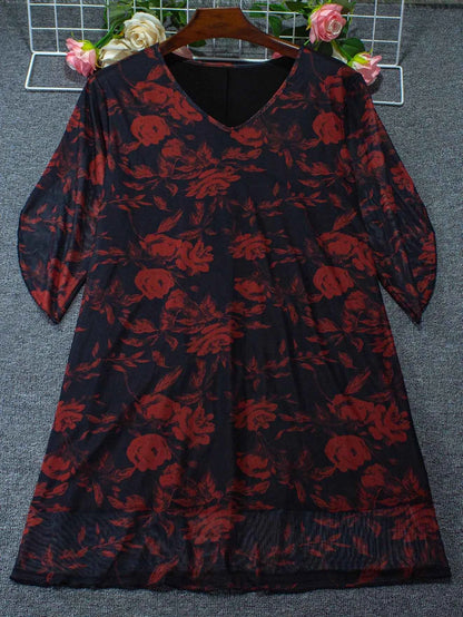 Boho Floral Print Maxi Dress - Layered Mesh V-Neck Plus Size Women's Dress