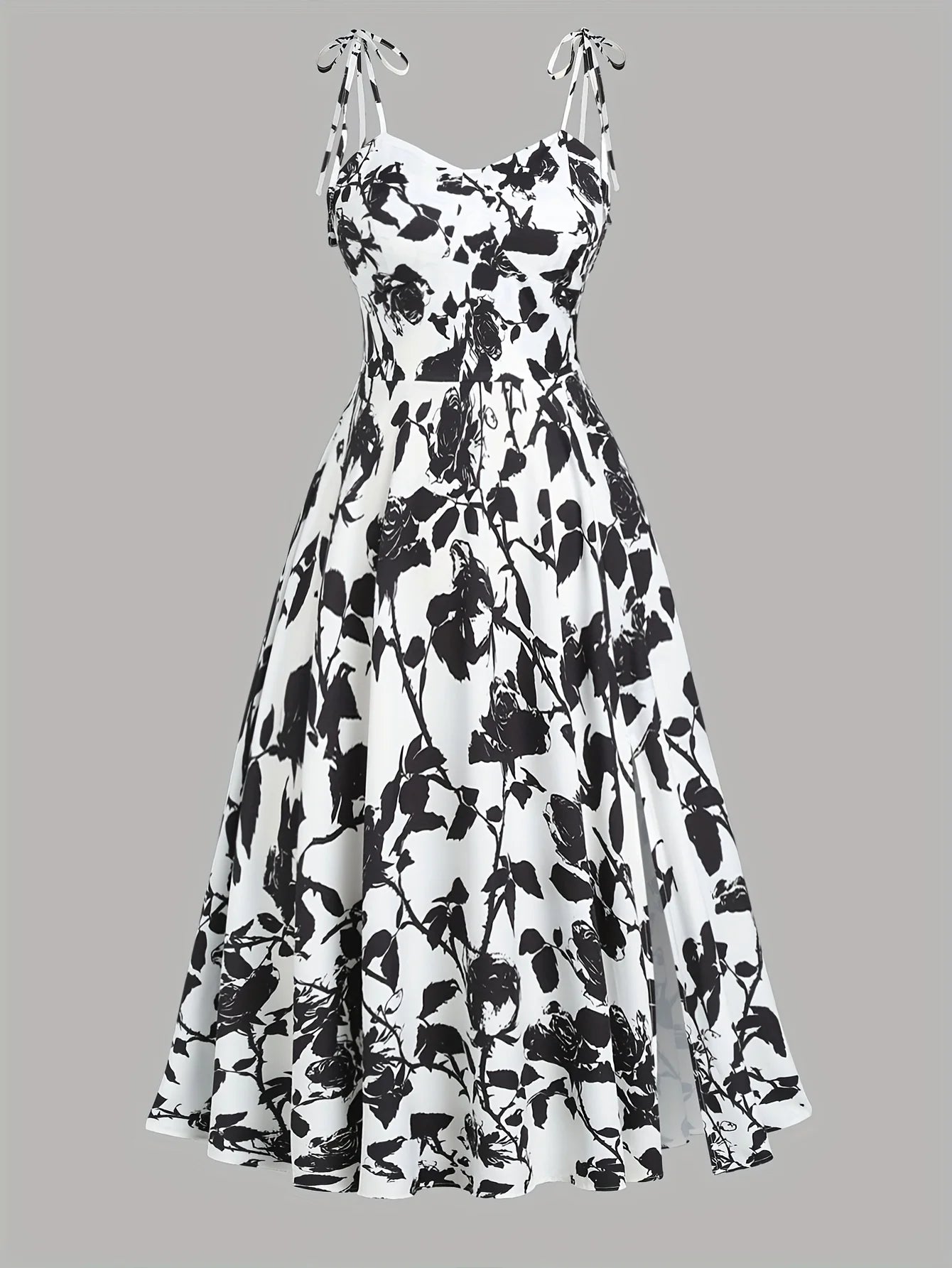 2024 European and American fashion plus size women's new flower print A-line skirt bow tie slit dress