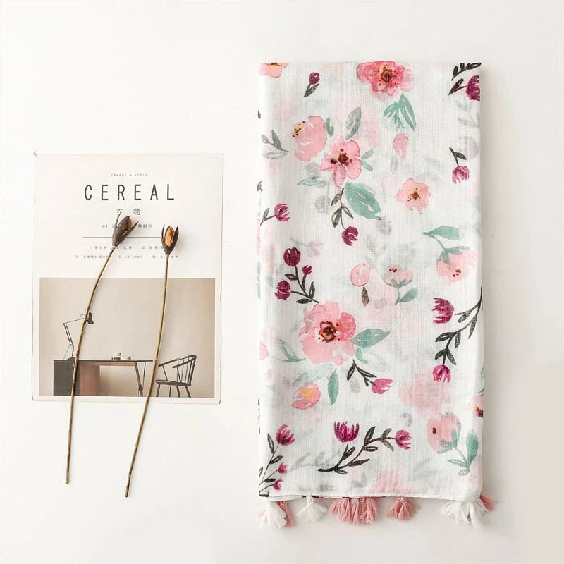 White Pink Flower Women Scarf Shawl Cotton Linen Feeling Tassel Pashmina Muslim Hijab Wrap Lady Viscose Scarf Foulard