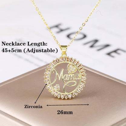 Luxury High Quality Round Shape Mama Children Shine Zircon Pendant Necklace For Women Clavicle Chain Jewelry Mother's Day Gifts