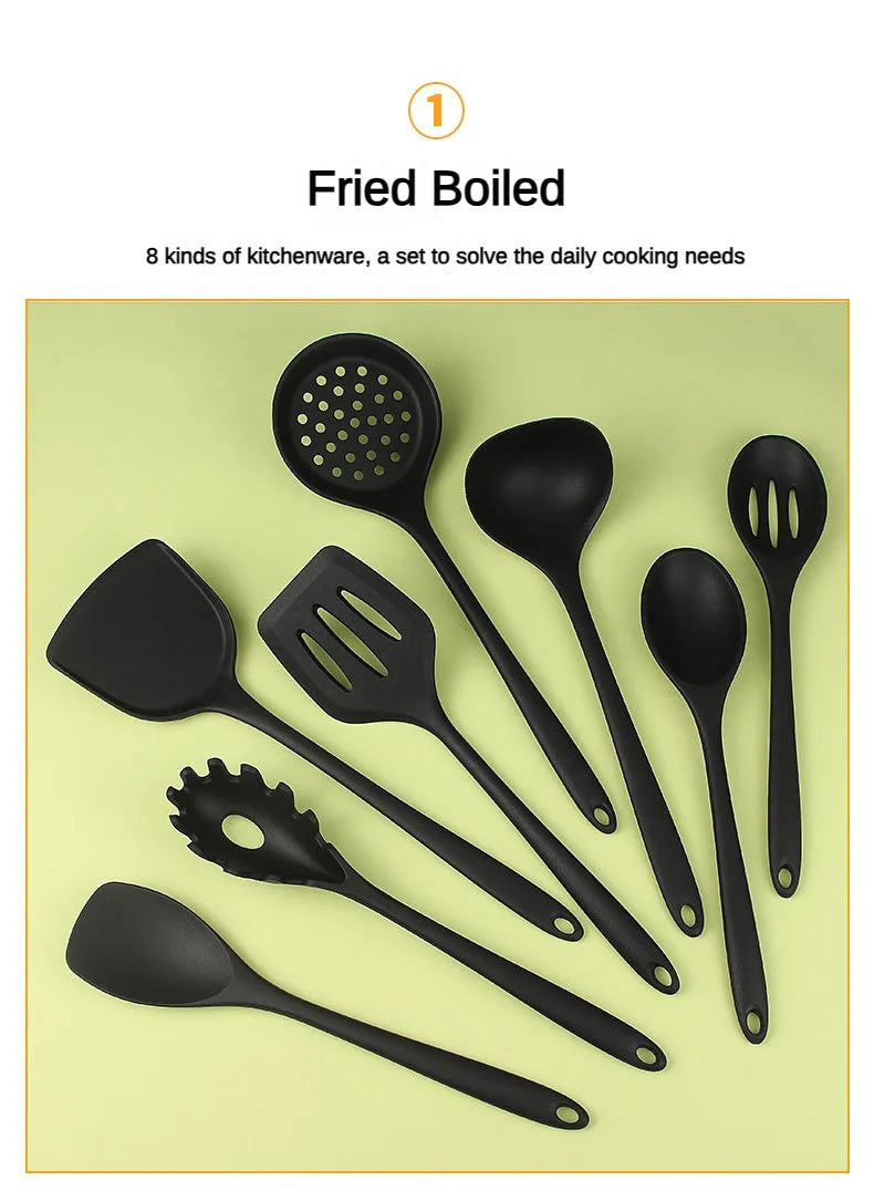 8ps Household black Silicone kitchenware 8-piece set of Chinese spaghetti spoon salad spaghetti spaghetti spaghetti，Rice spoon，