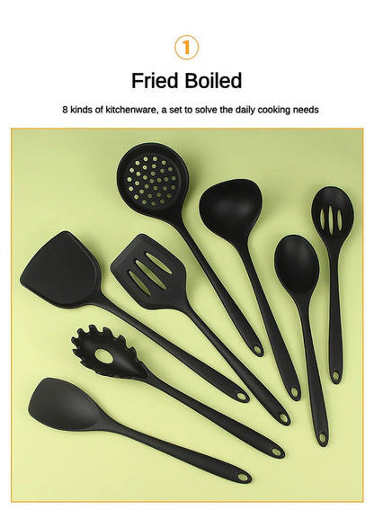 8ps Household black Silicone kitchenware 8-piece set of Chinese spaghetti spoon salad spaghetti spaghetti spaghetti，Rice spoon，