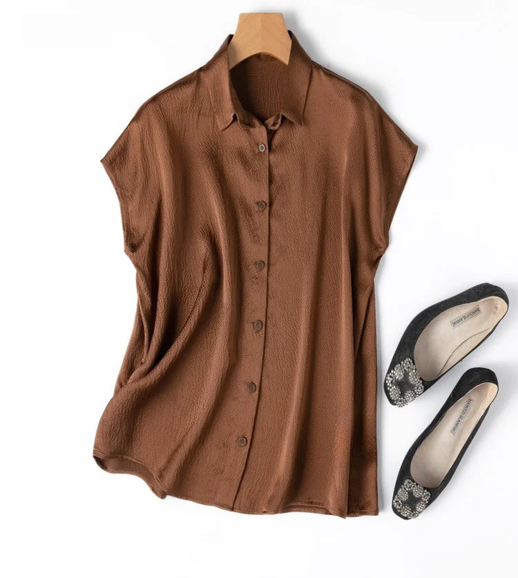 Women 100% Mulberry Silk 20 momme Heavy Silk Peacock Blue Collared Short Sleeve Buttons Down Shirt Top Blouse office work MM567