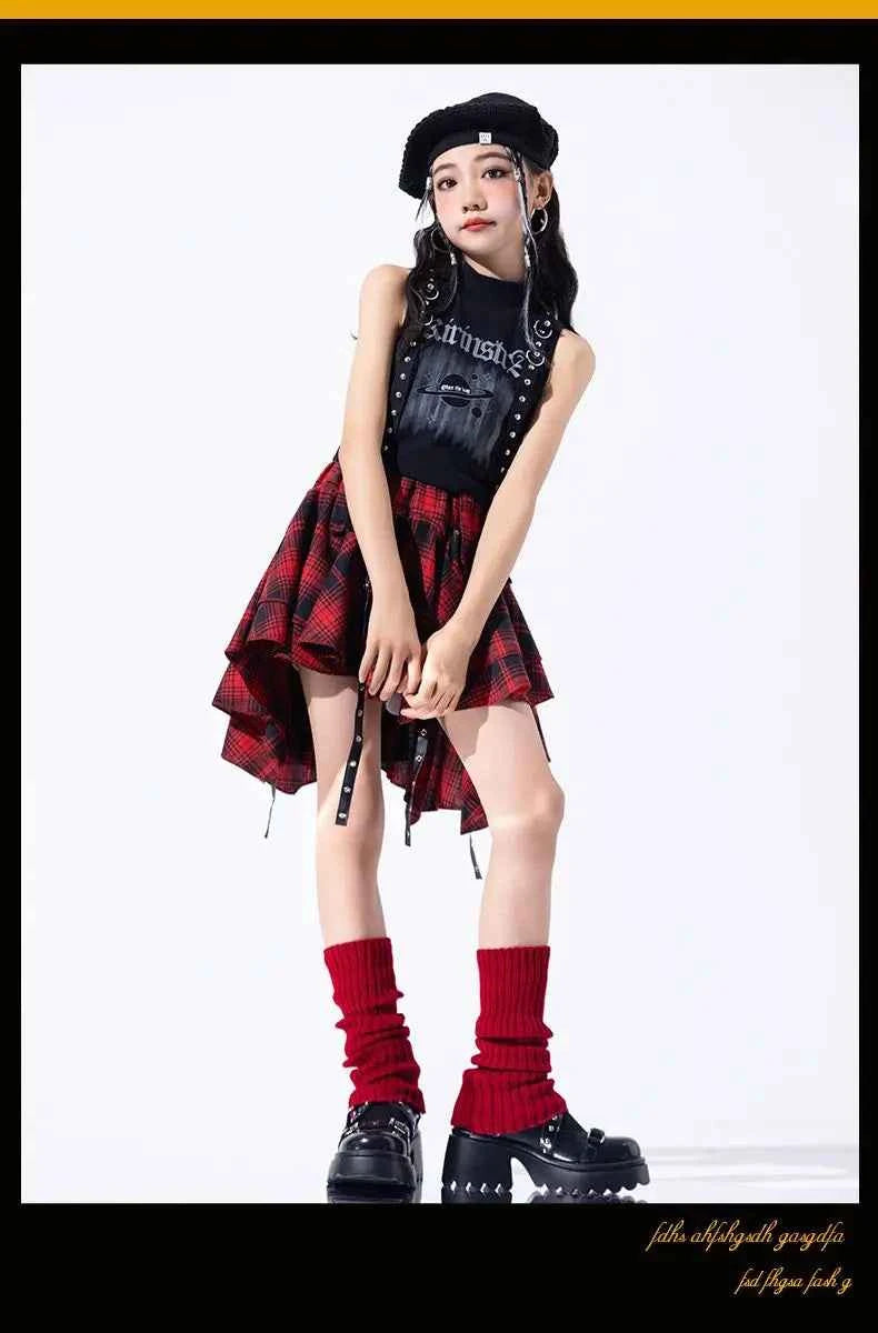 Hip Hop Girls Crop Top Plaid Street Dance Skirt Kids Ribbon Pleated Skirts Teens Jazz Cool Costumes Child Streetwear Clothes Set