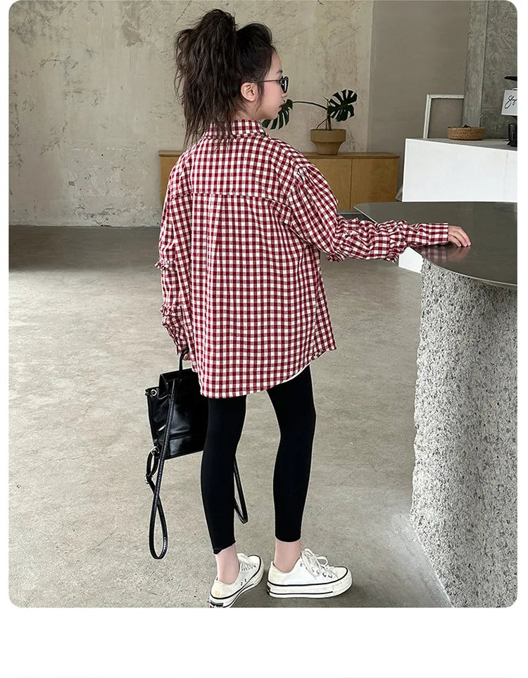 2025 Spring Girls Plaid Shirt Comfort Fashion Teen Kids Tops Clothes Casual All-match Long Sleeve Children Blouse 10 12 13 Years