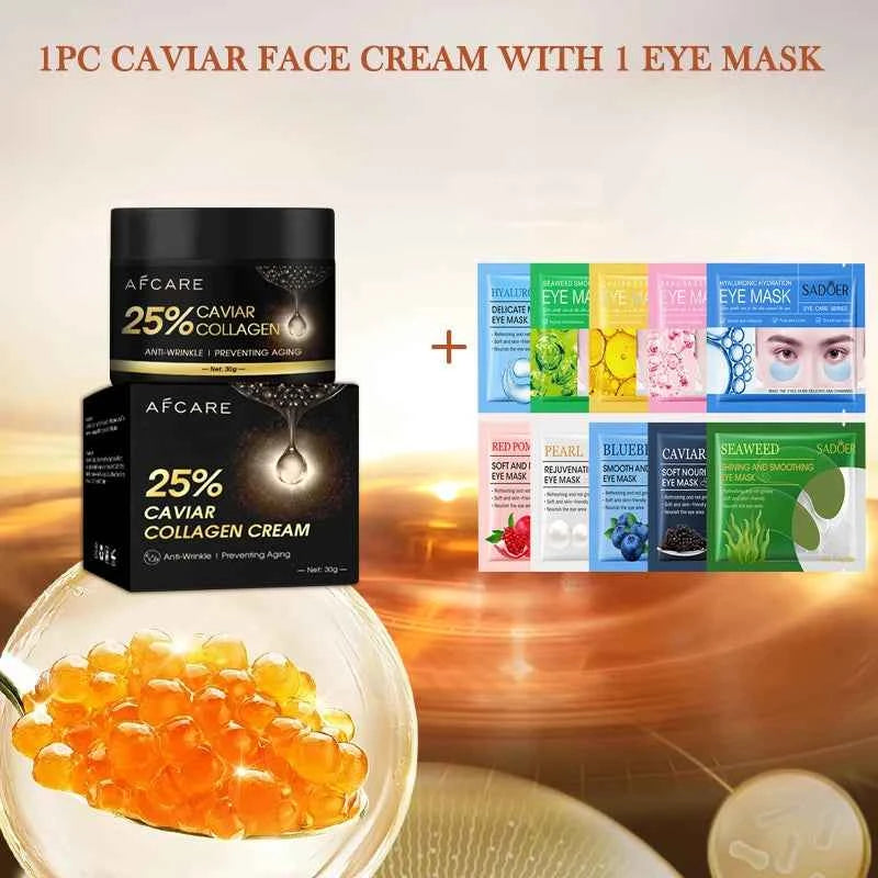 Caviar Collagen Anti Wrinkle Face Cream 30g With Eye Mask Hyaluronic Acid Hydrating Reduce Fine Lines Skincare Products