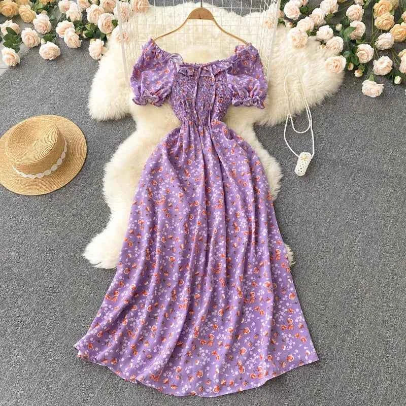 YuooMuoo Romantic Floral Print Long Dress 2024 New Summer Off Shoulders Puff Sleeve Big Swing Women Dress Korean Party Vestidos