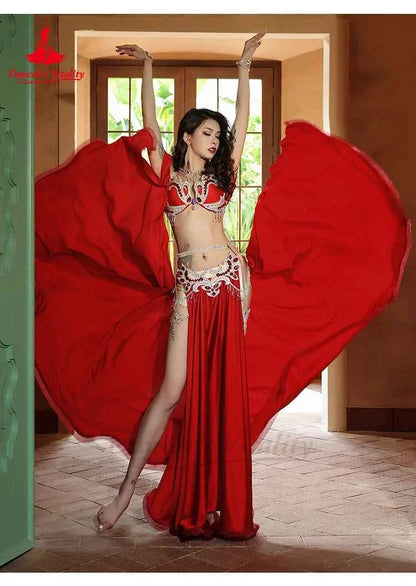 Belly Dance Performance Suit for Women Senior AB Stones Bra+satin Split Long Skirt 2pcs for Women Oriental Belly Dancing Outfit