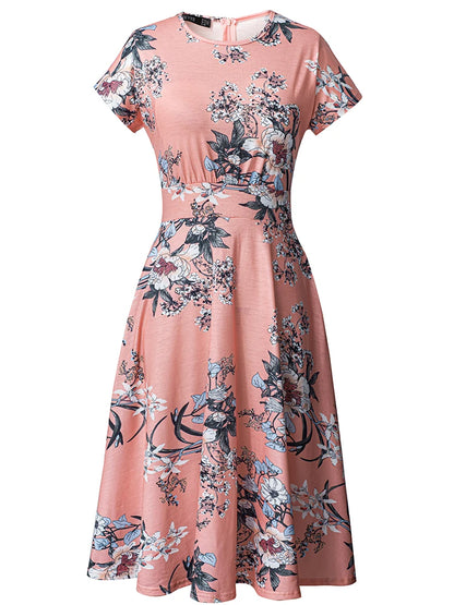 Nice-forever Vintage Elegant Floral Print Pleated Round neck vestidos A-Line Pinup Business Party Women Flare Swing Dress A102