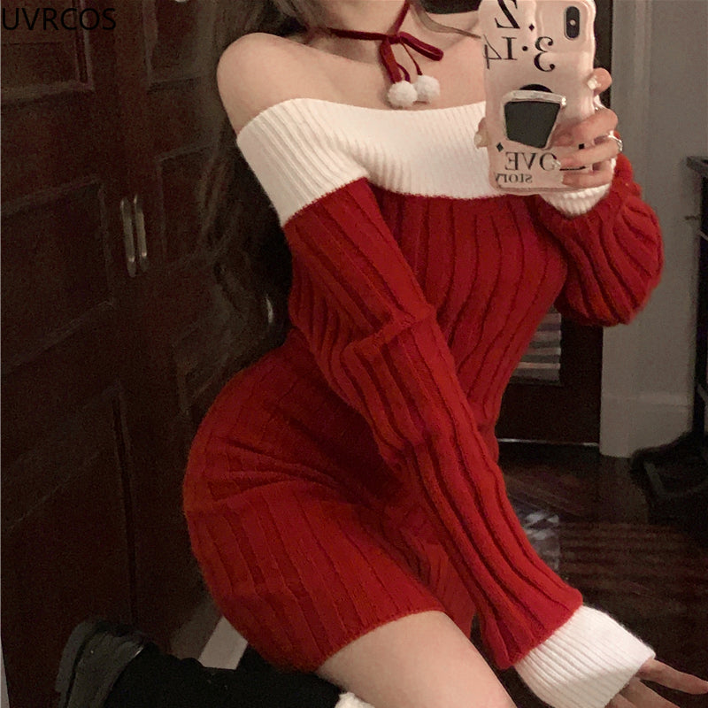 Sexy Red Christmas Dress Women Autumn Winter Korean Style Slash Neck Bodycon Knitted Dresses Female Elegant Y2k Party Mini Dress - AMULET RING STORE