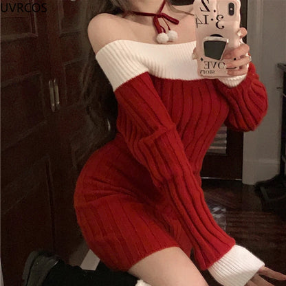 Sexy Red Christmas Dress Women Autumn Winter Korean Style Slash Neck Bodycon Knitted Dresses Female Elegant Y2k Party Mini Dress - AMULET RING STORE