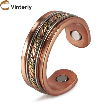 Vinterly Pure Copper Magnetic Rings Twisted Lines Wide 8.4mm Health Energy Finger Cuff Adjustable Jewelry High Magnet Resizable