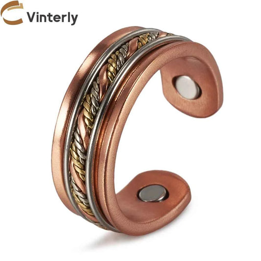 Vinterly Pure Copper Magnetic Rings Twisted Lines Wide 8.4mm Health Energy Finger Cuff Adjustable Jewelry High Magnet Resizable