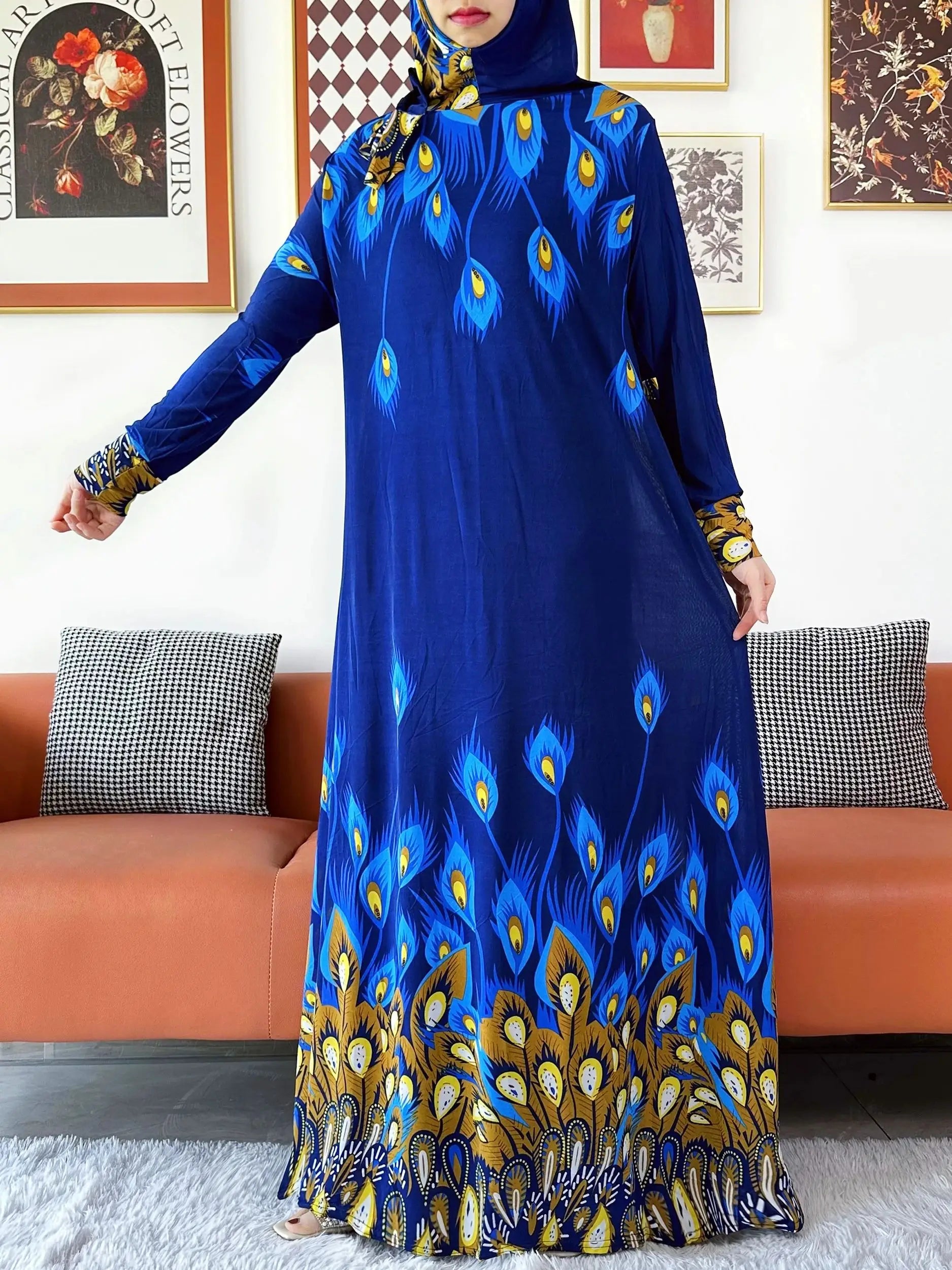 2025 Floral Ramadan Muslim Dress Solid Color Khimar Kaftan Abaya Robe with Attached Hijab Middle East Prayer Garment for Women - AMULET RING STORE